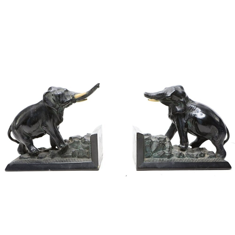 Antique 1920s Ronson Elephant Bookends Art Deco Cast Metal Bronze Clad Library